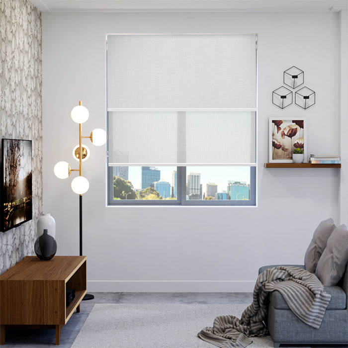 Day and Night Double Roller Blinds Bond Blockout Chalk & Elite Sunscreen White Double Roller Blinds – ABC Blinds Online
